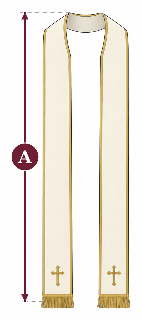 How to measure a stole: A is one side, from the top of the neck to the end above the fringe; the finished length is A doubled