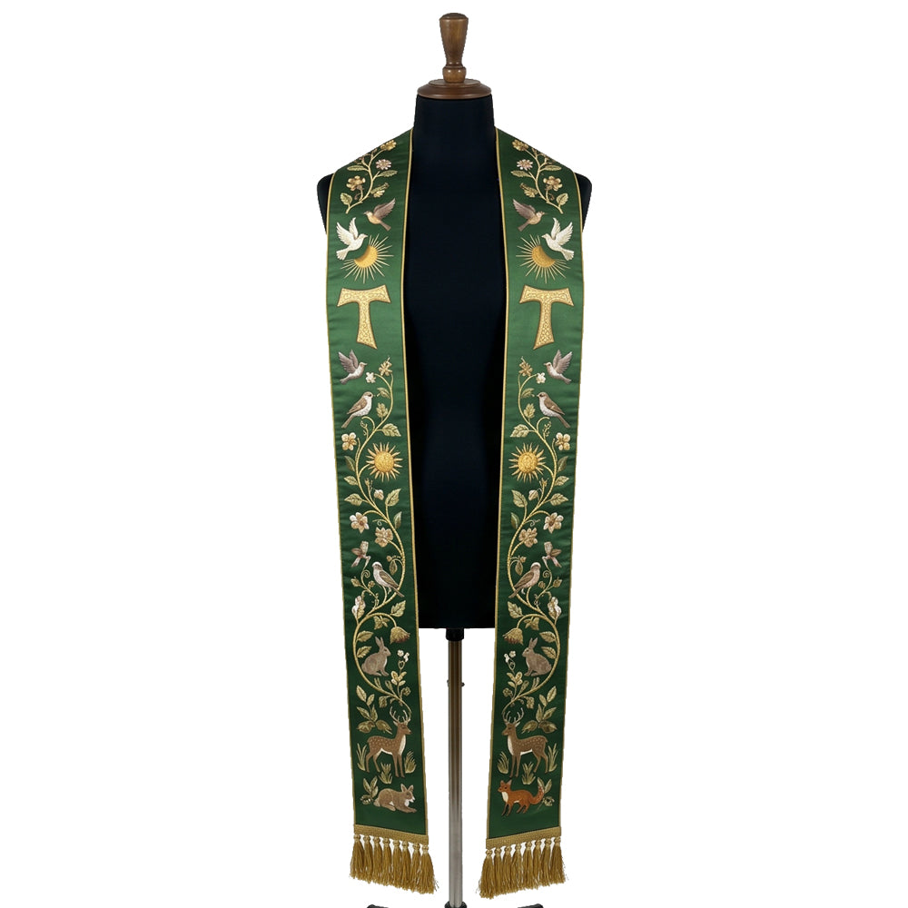 Green stole on a mannequin, Tau cross, birds and woodland animals embroidered down both panels.