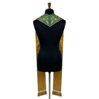 Back view of the green Franciscan stole showing the gold-toned lining and floral neck yoke.
