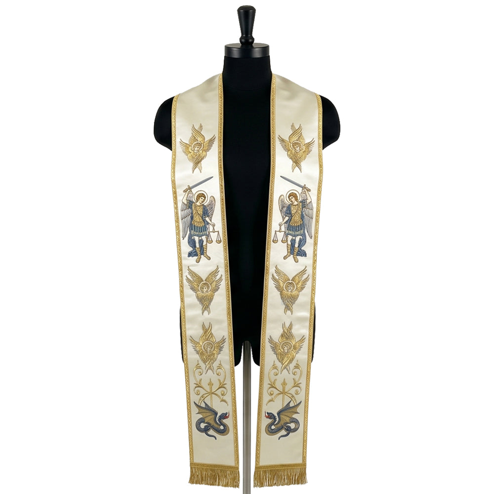 Ivory priest stole on a mannequin, Saint Michael the Archangel with sword, scales and dragon on both panels.