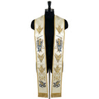 Ivory priest stole on a mannequin, Saint Michael the Archangel with sword, scales and dragon on both panels.