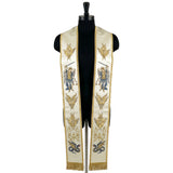 Ivory priest stole on a mannequin, Saint Michael the Archangel with sword, scales and dragon on both panels.