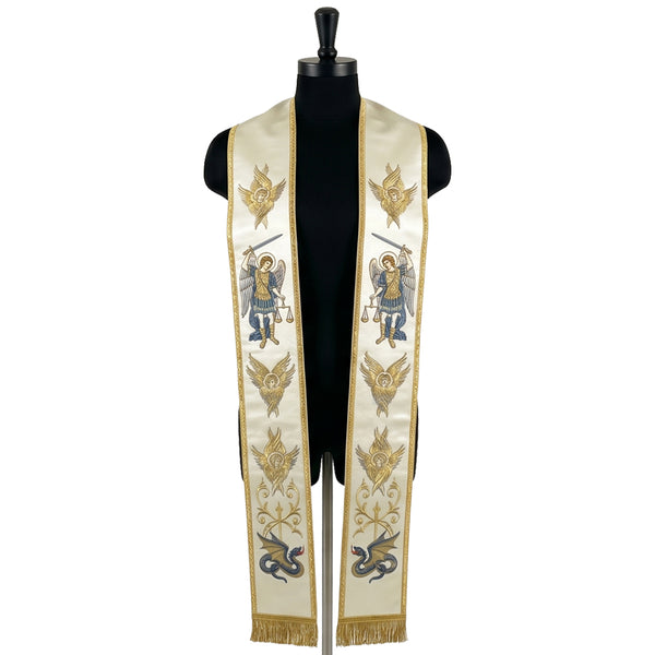 Ivory priest stole on a mannequin, Saint Michael the Archangel with sword, scales and dragon on both panels.