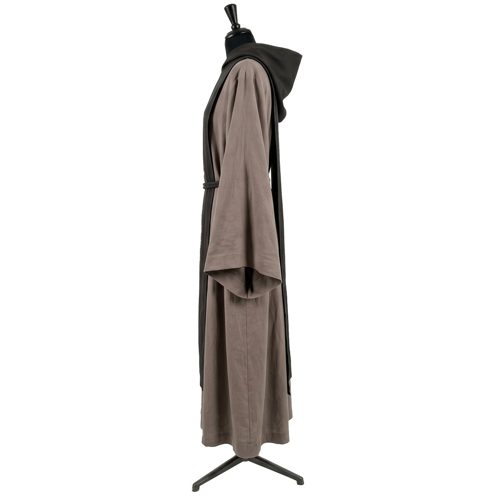 Side profile of a stone grey and black monk habit showing the standing hood and bell sleeve.