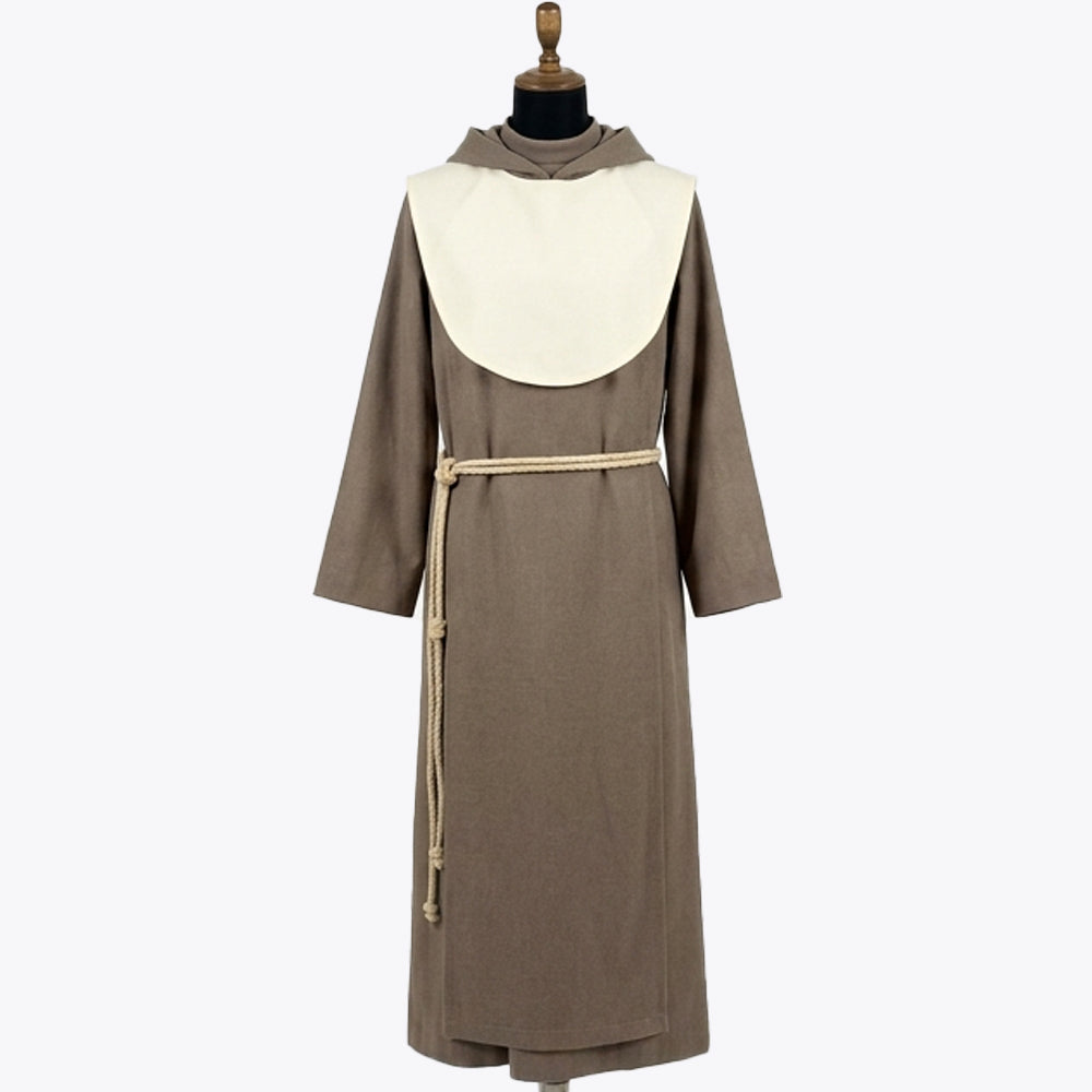Front view of a taupe wool monk habit with an oval cream collar panel across the chest and a rope cincture.