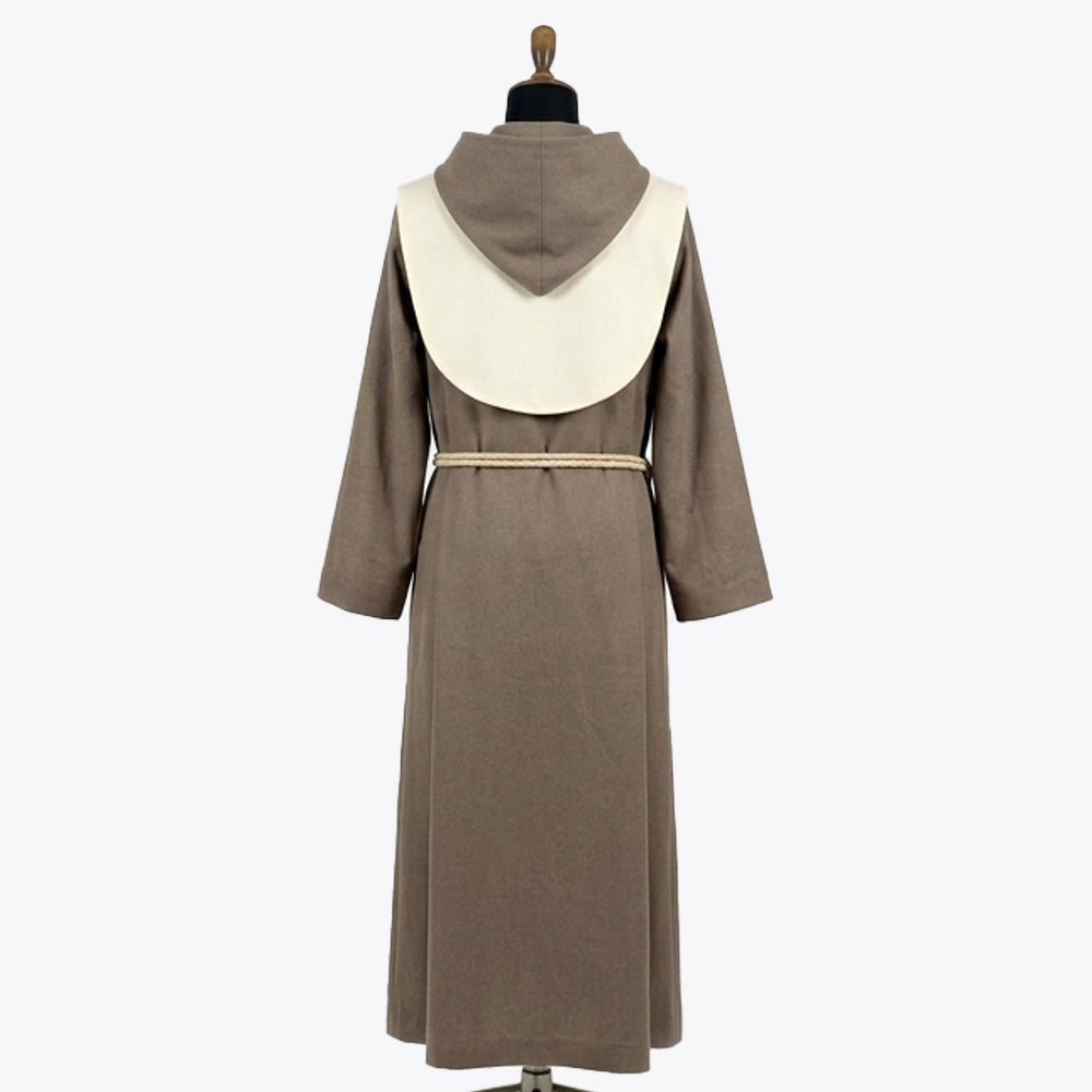 Back view of the taupe habit showing the matching cream collar panel ending above the waist.