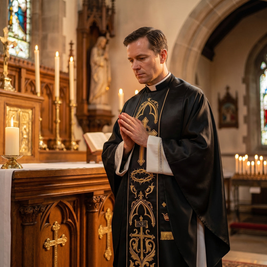 A priest in the black Requiem chasuble standing in prayer at a candlelit altar in a stone church