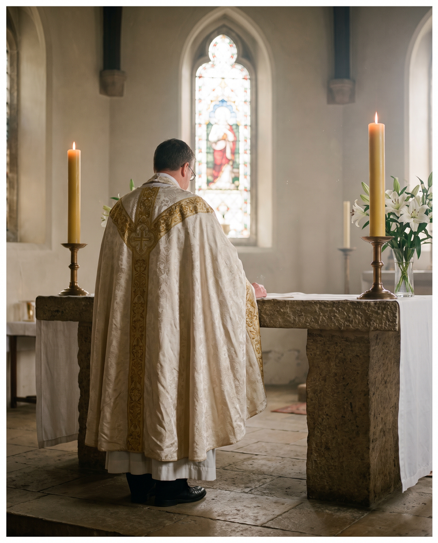 A priest in a white and gold chasuble standing at a stone altar between lit candles, seen from behind