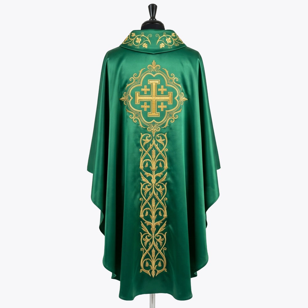 Back of the green chasuble showing a gold Jerusalem cross in a quatrefoil above a column of vine and wheat scrollwork