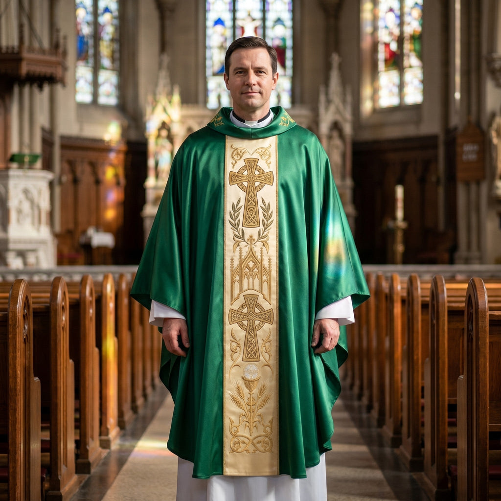 A priest wearing the green Celtic cross chasuble standing in the centre aisle of a church with stained glass behind him