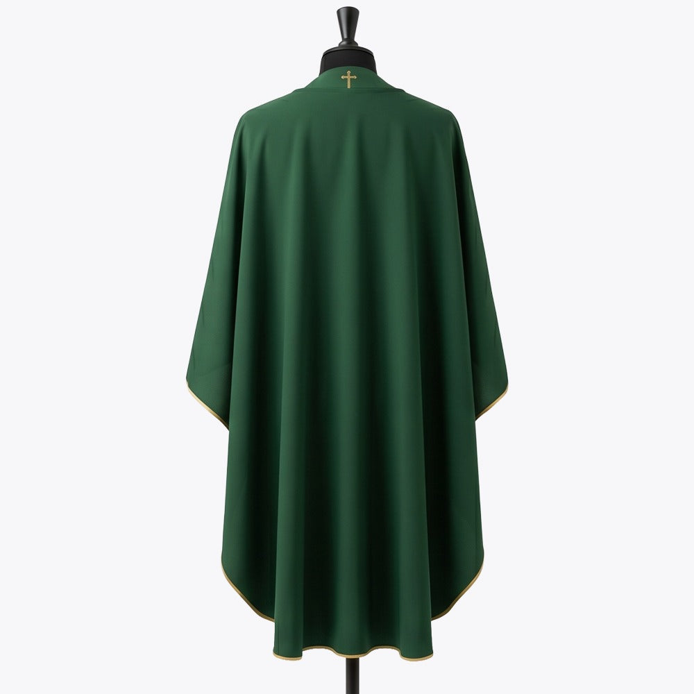 Plain green back of the chasuble with a small gold cross at the collar and gold piping along the hem