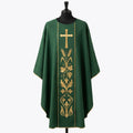 Front of a green gothic chasuble embroidered in gold with a budded cross, wheat ears and a fruiting grapevine within a piped orphrey panel