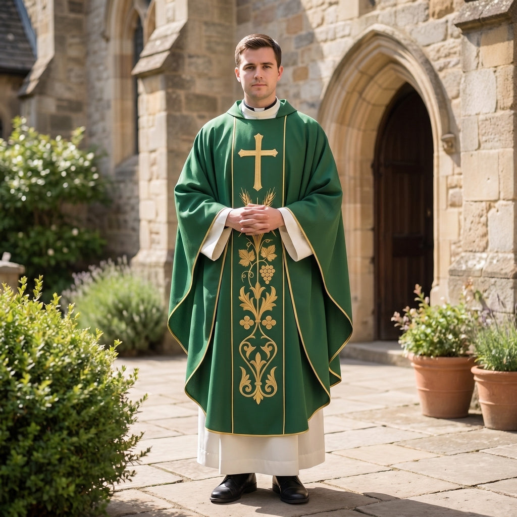 A priest wearing the green wheat and grapevine chasuble in a sunlit church courtyard