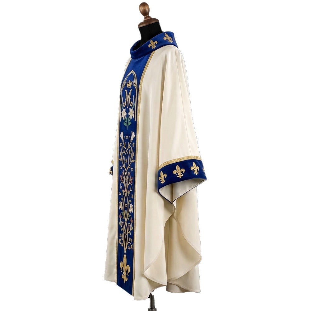 Side view of the ivory Marian chasuble showing the velvet standing collar, cuff band and full gothic drape