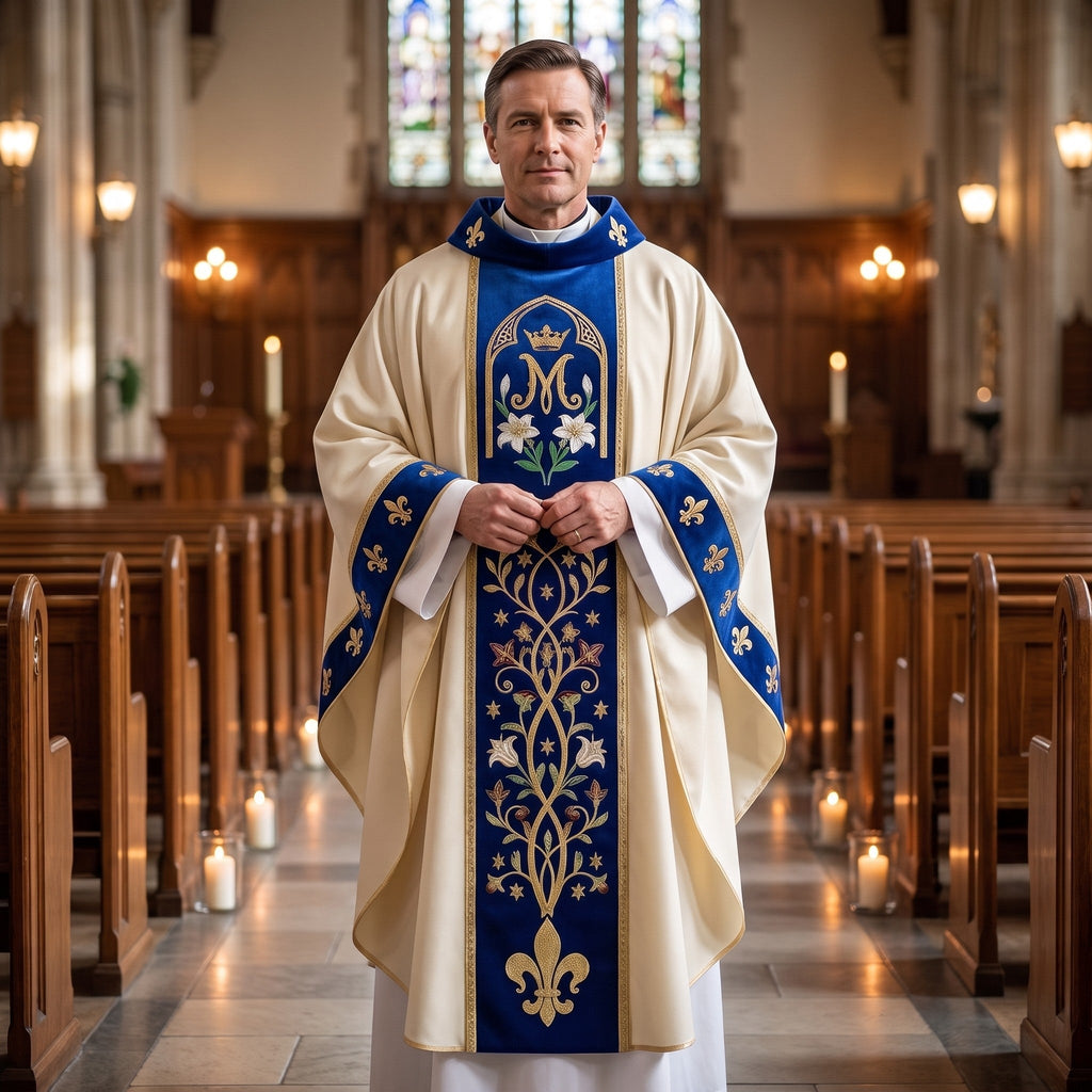 A priest wearing the ivory and blue Marian chasuble in the centre aisle of a church lit by candles