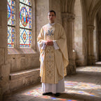 A priest wearing the ivory Marian monogram chasuble in a cloister with light falling through stained glass