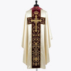 Back of the ivory chasuble showing the cross-shaped red velvet orphrey with a gold cross beneath a royal crown
