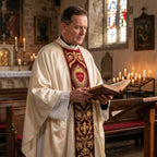 A priest in the ivory Sacred Heart chasuble reading from a missal in a candlelit chapel