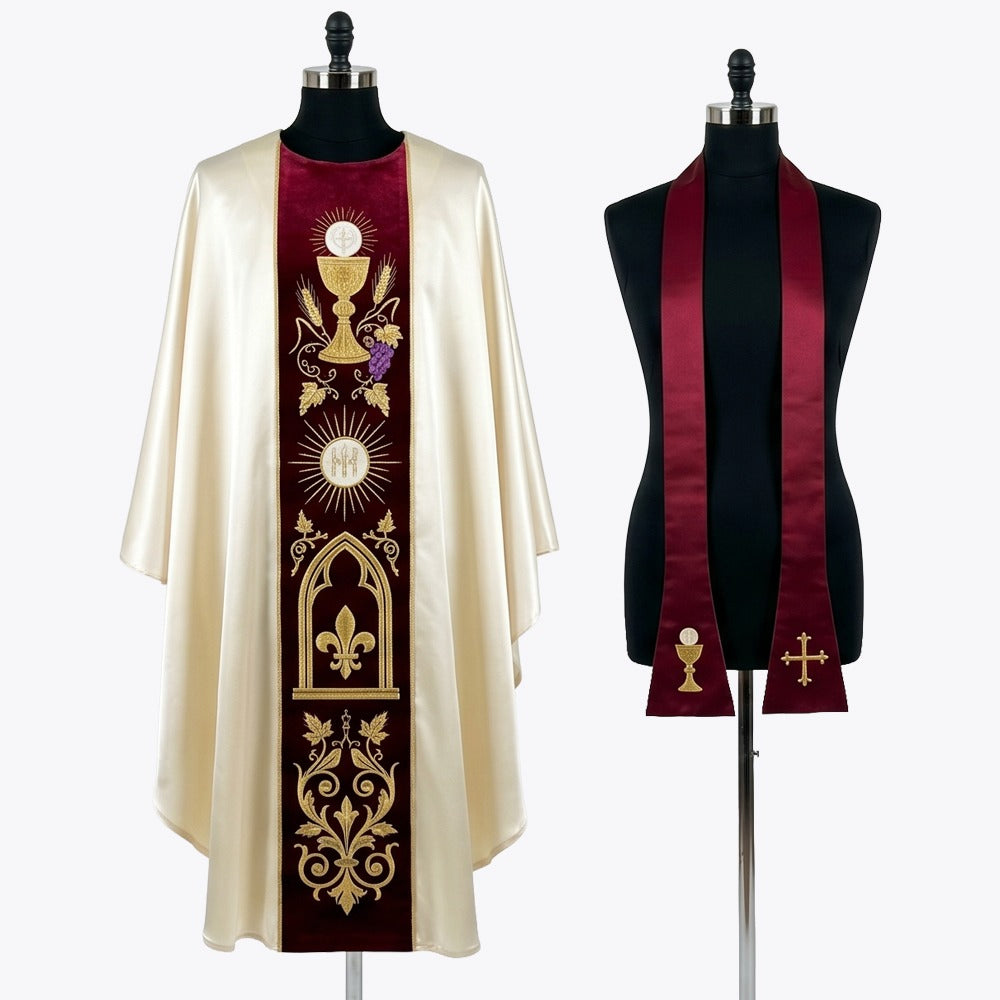 Ivory chasuble with a burgundy velvet orphrey embroidered with a chalice, host, wheat and vine, shown beside the matching burgundy stole