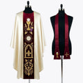 Ivory chasuble with a burgundy velvet orphrey embroidered with a chalice, host, wheat and vine, shown beside the matching burgundy stole