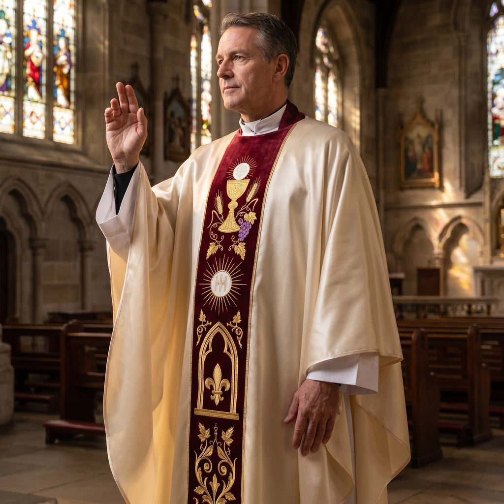 A priest wearing the ivory Corpus Christi chasuble and raising his hand in blessing in a gothic church