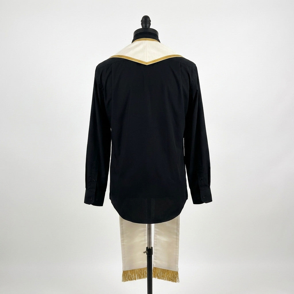 Back view of the ivory priest stole showing the shaped gold-trimmed yoke and fringed hems