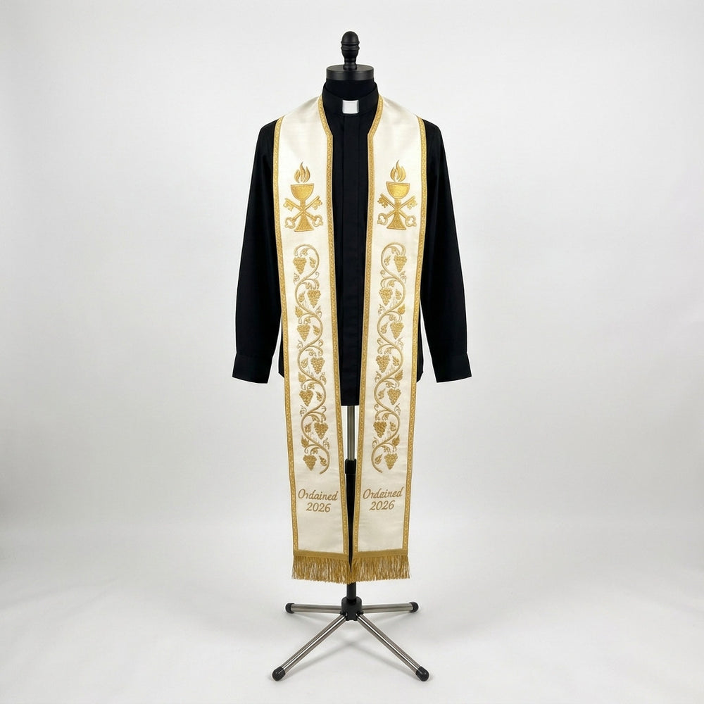 Ivory and gold ordination priest stole with embroidered chalice, crossed keys and grapevine, front view