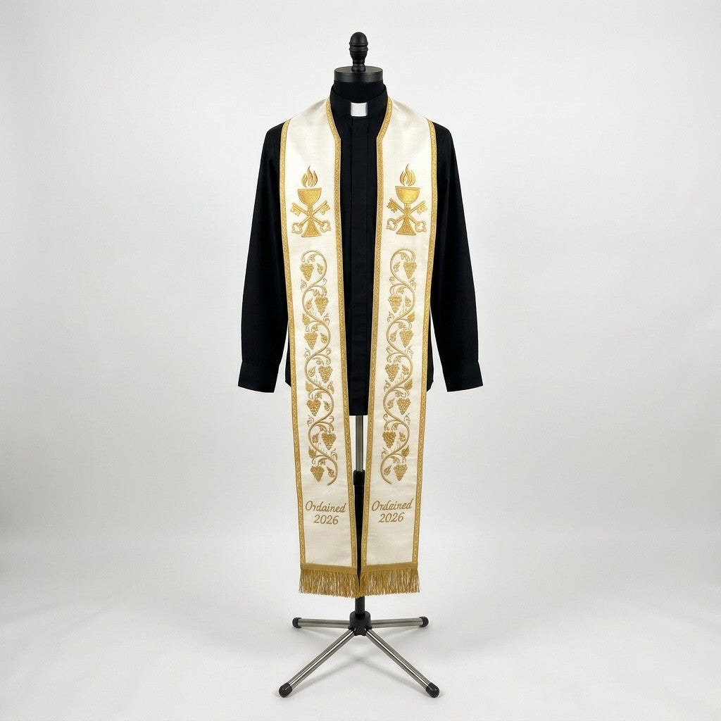 Ivory and gold ordination priest stole with embroidered chalice, crossed keys and grapevine, front view