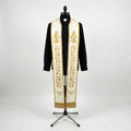 Ivory and gold ordination priest stole with embroidered chalice, crossed keys and grapevine, front view