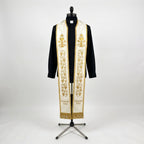 Ivory and gold ordination priest stole with embroidered chalice, crossed keys and grapevine, front view