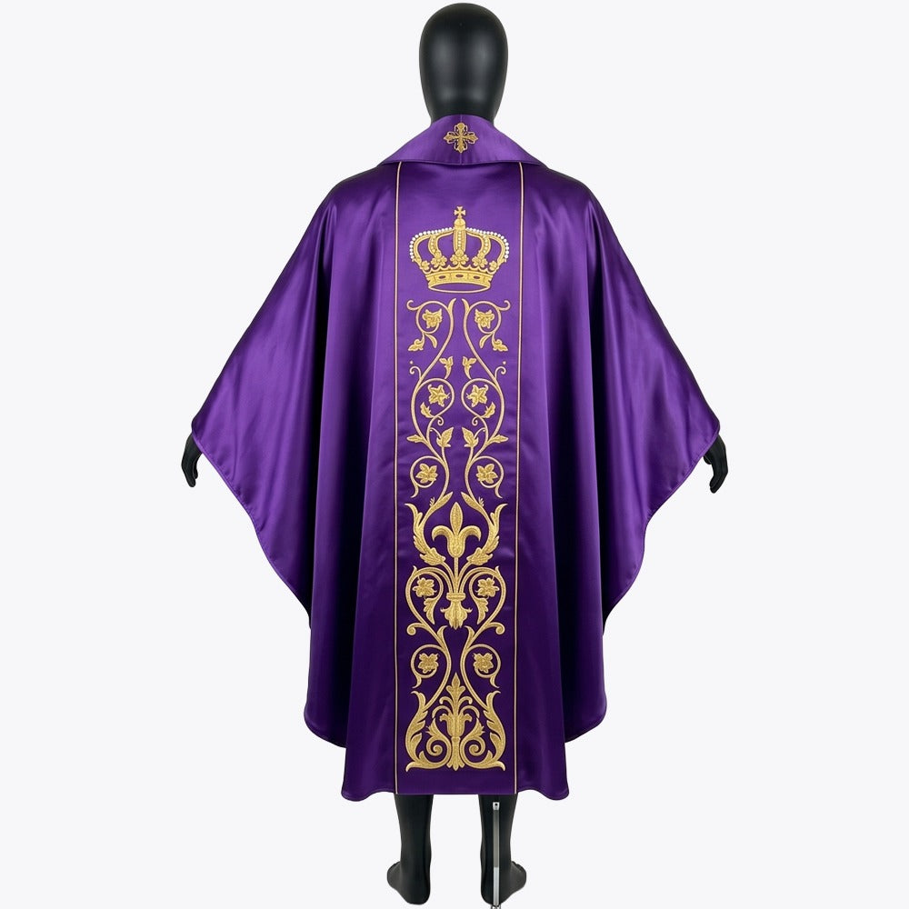 Back of the violet chasuble showing a gold royal crown above a column of vine and fleur-de-lys scrollwork