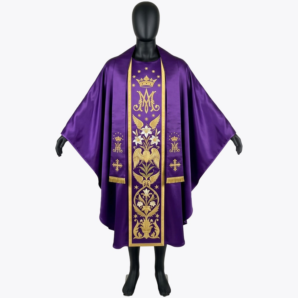 Front of a violet satin chasuble embroidered in gold with a crowned Auspice Maria monogram, stars, white lilies and doves, shown with a matching violet stole