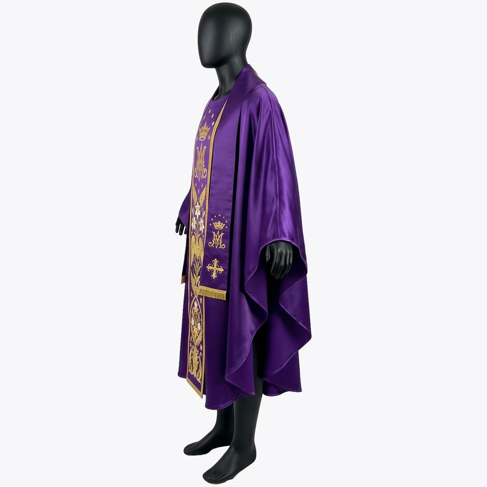 Side view of the violet satin chasuble showing the gold fringed stole and the deep gothic drape over the arm