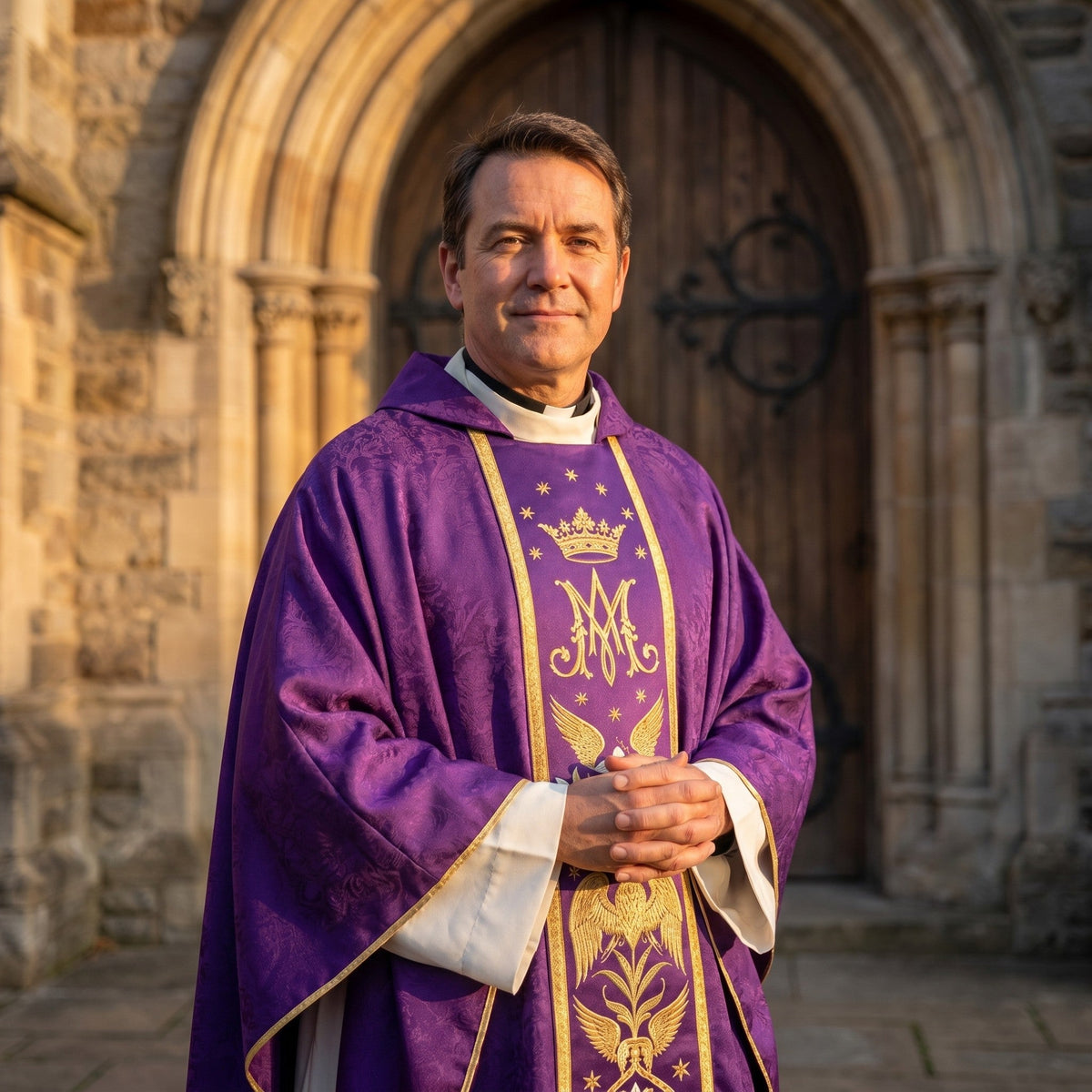 A priest wearing the violet Marian chasuble outside the arched stone doorway of a church