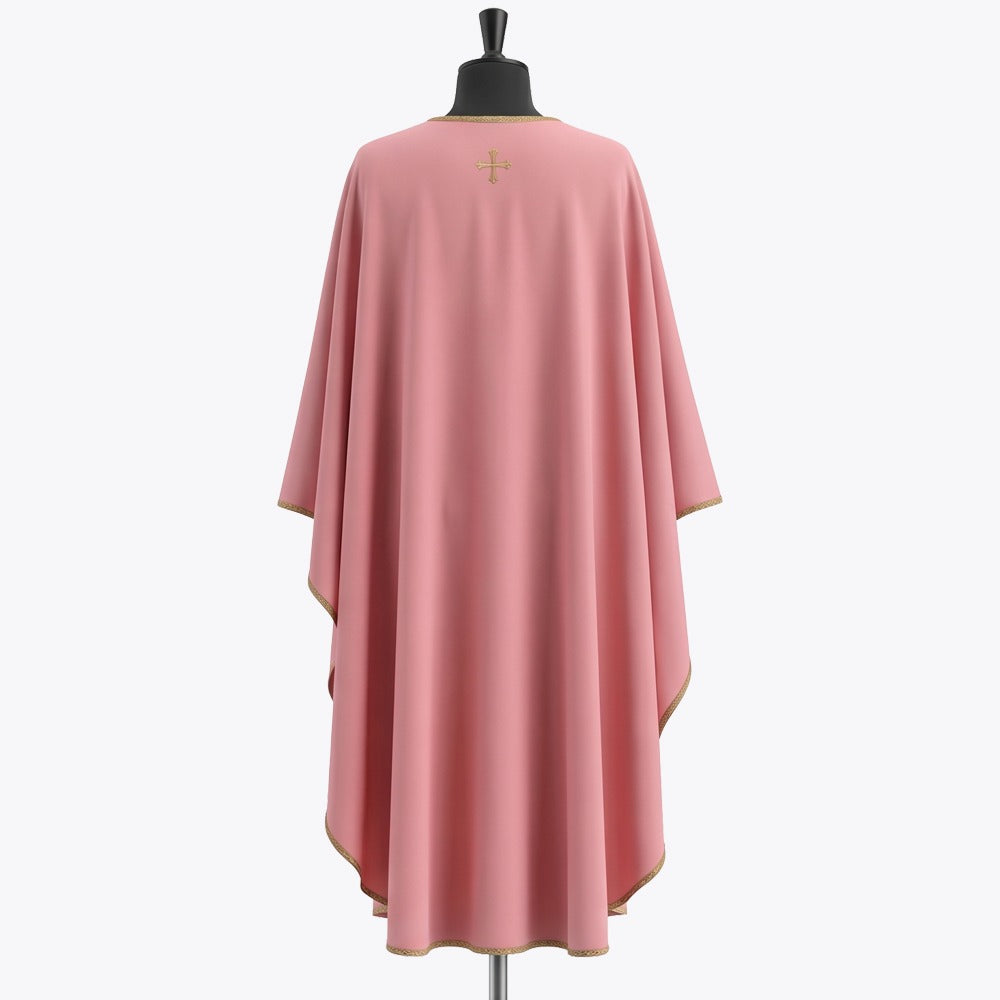 Plain rose back of the chasuble with a small gold cross at the neck and gold galloon braid along the hem