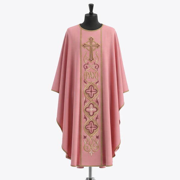 Front of a rose gothic chasuble with a gold budded cross, the word PAX in strapwork and three quatrefoil medallions down the orphrey