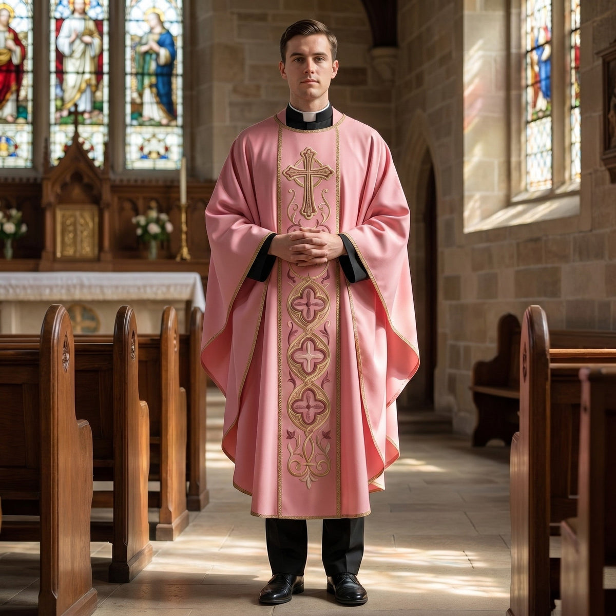 A priest wearing the rose PAX chasuble in the nave of a church on Gaudete Sunday