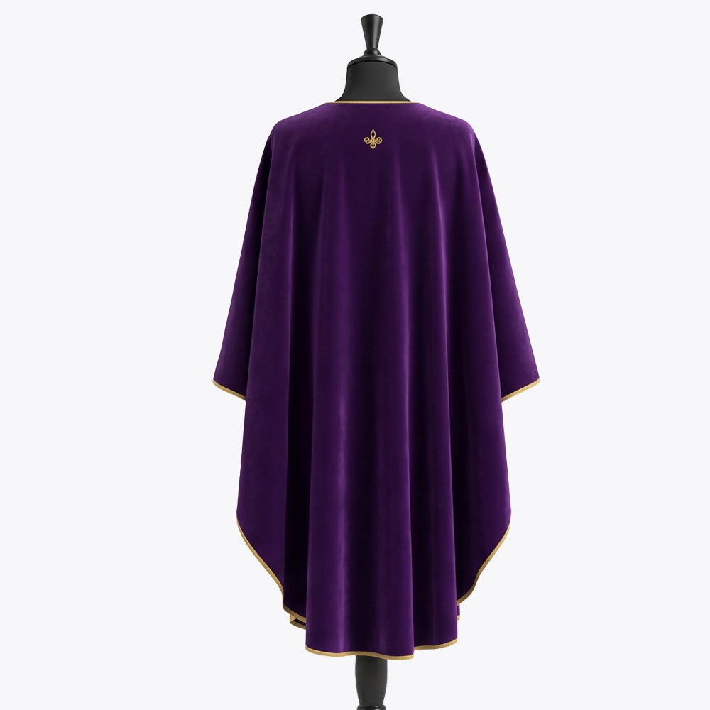 Plain violet back of the chasuble with a small gold fleur-de-lys at the neck and gold piping along the hem
