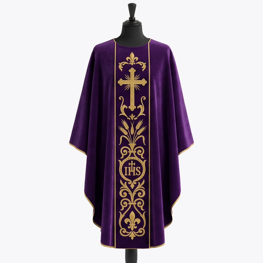Front of a deep violet gothic chasuble embroidered in gold with a radiant cross, wheat ears, the IHS monogram in a beaded roundel and a fleur-de-lys