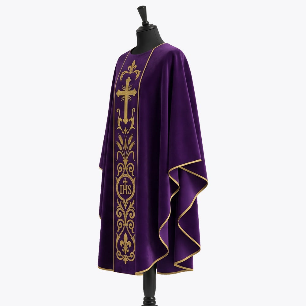 Side view of the violet chasuble showing the matte finish, gold piped hem and full gothic drape