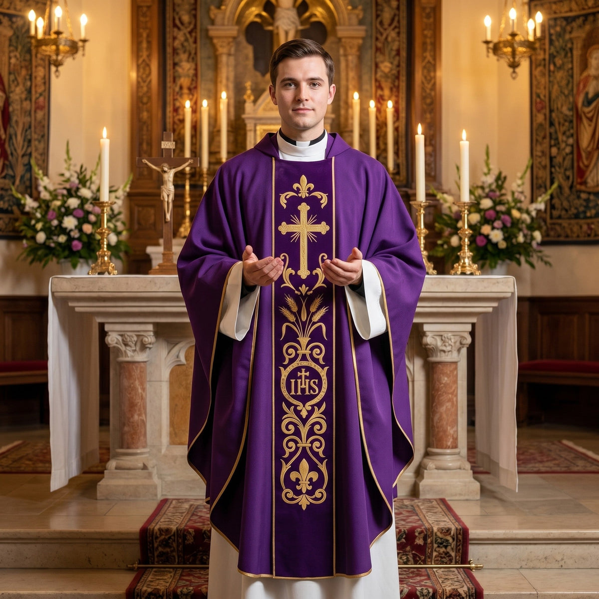 A priest wearing the violet IHS chasuble with hands raised in prayer before a candlelit altar