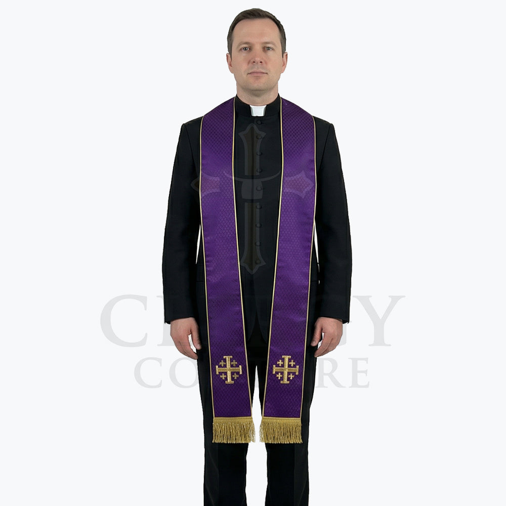 Priest in a black clerical suit wearing a violet stole with gold piping and a small gold Jerusalem cross above the fringe.