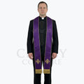 Priest in a black clerical suit wearing a violet stole with gold piping and a small gold Jerusalem cross above the fringe.