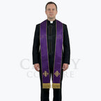 Priest in a black clerical suit wearing a violet stole with gold piping and a small gold Jerusalem cross above the fringe.