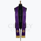 Violet stole laid flat showing its faint diamond-weave texture, gold edge piping and a Jerusalem cross at each end.