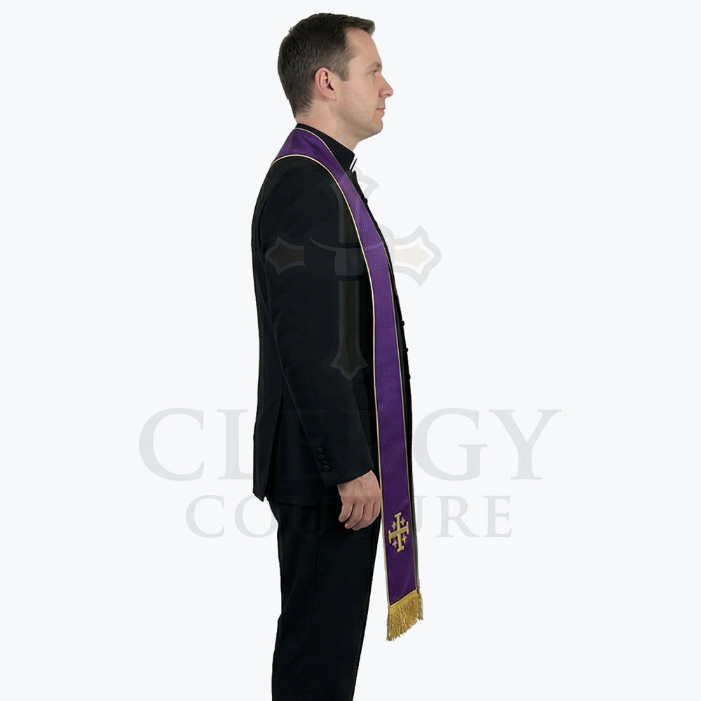 Side profile of the violet Jerusalem cross stole on a clergy model, showing its even drape and gold-piped edge.