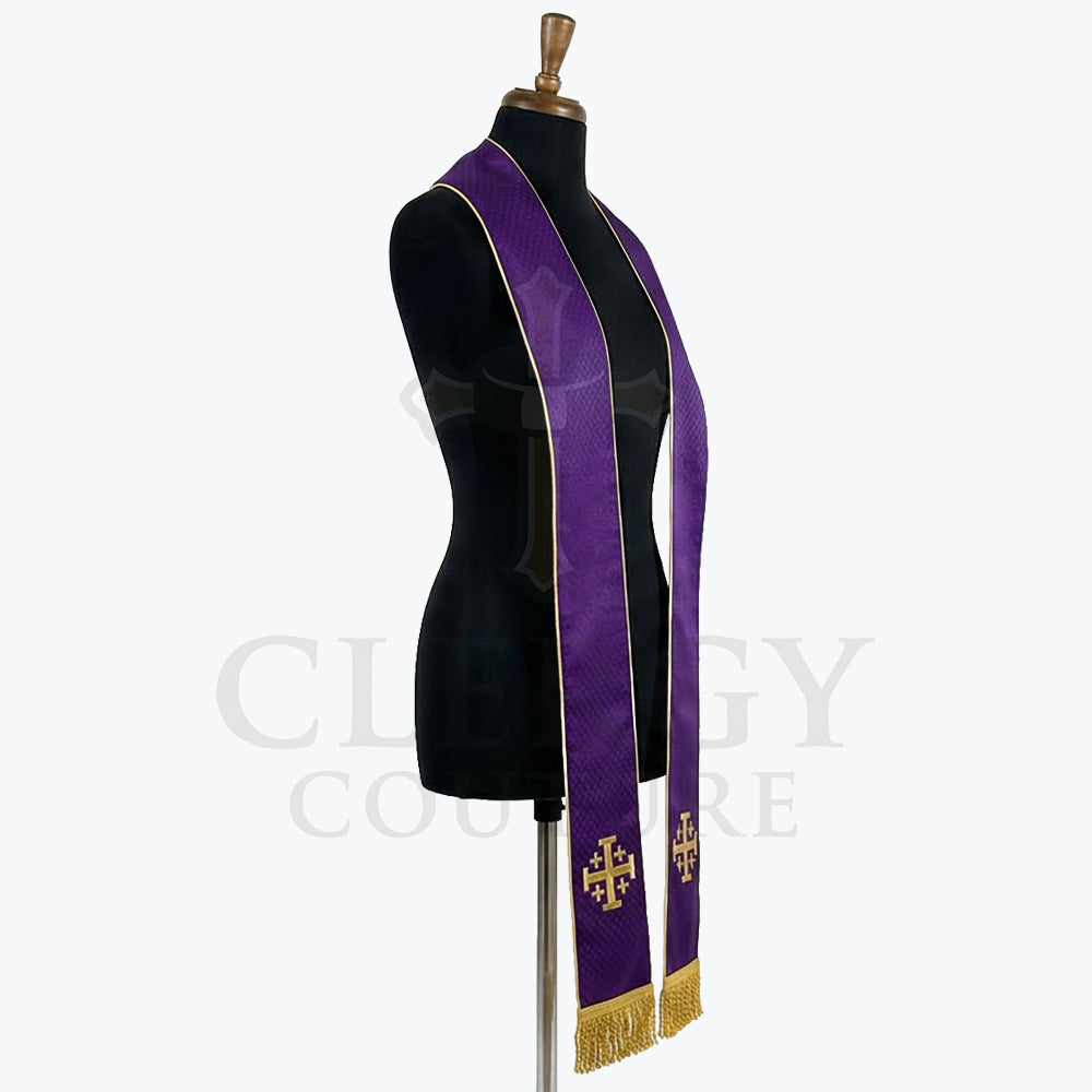 Three-quarter view of the violet stole on a dress form, showing the gold piping and satin sheen along the panel.