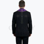Back view of the clergy model in a black suit, with the violet collar and a hint of gold cross visible above the jacket.