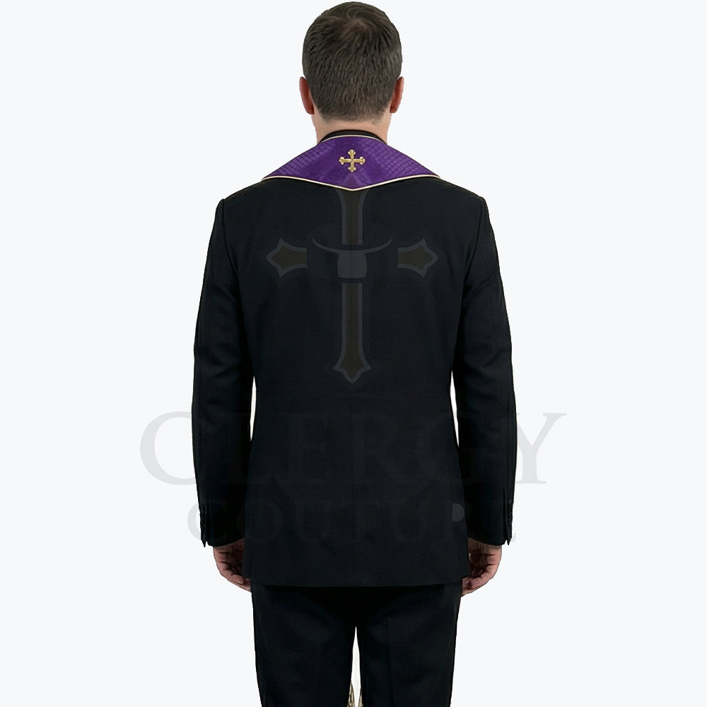Back view of the clergy model in a black suit, with the violet collar and a hint of gold cross visible above the jacket.
