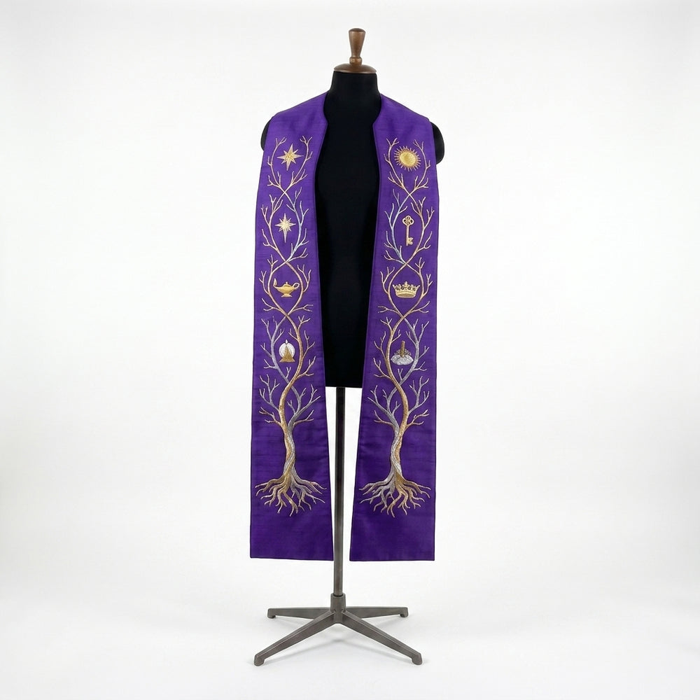 Violet Jesse Tree Clergy Stole shown front on with the gold and silver tree and O Antiphon symbols